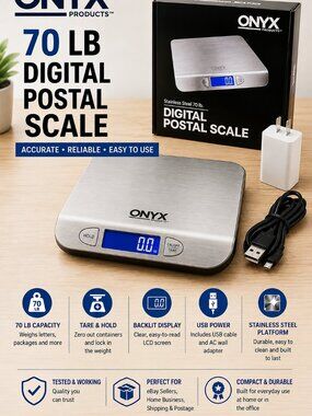 NEW ONYX 70 lb Digital Postal Shipping Scale Stainless Steel USB